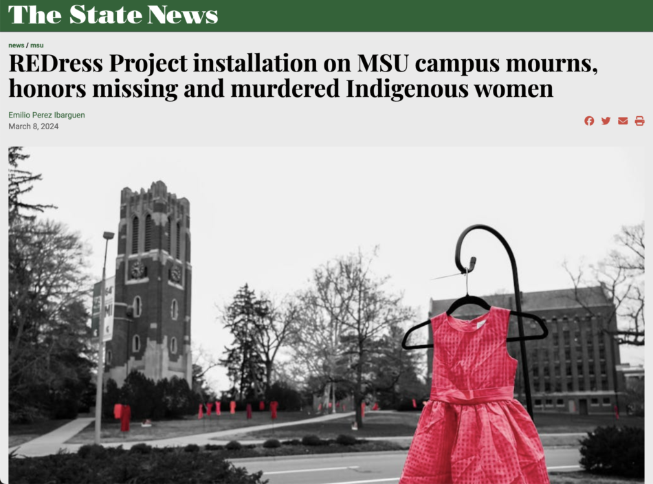 Screenshot of The State News story on the REDress Project exhibition on the MSU campus.